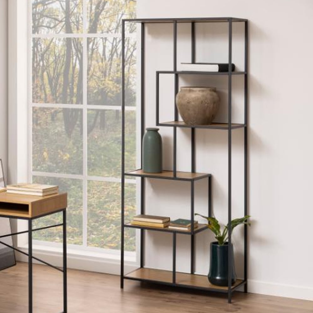 Salvo Narrow Wooden Bookcase With 5 Shelves In Matt Wild Oak