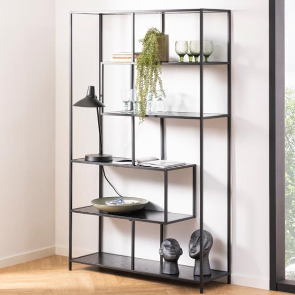 Salvo Wide Wooden Bookcase With 5 Shelves In Ash Black
