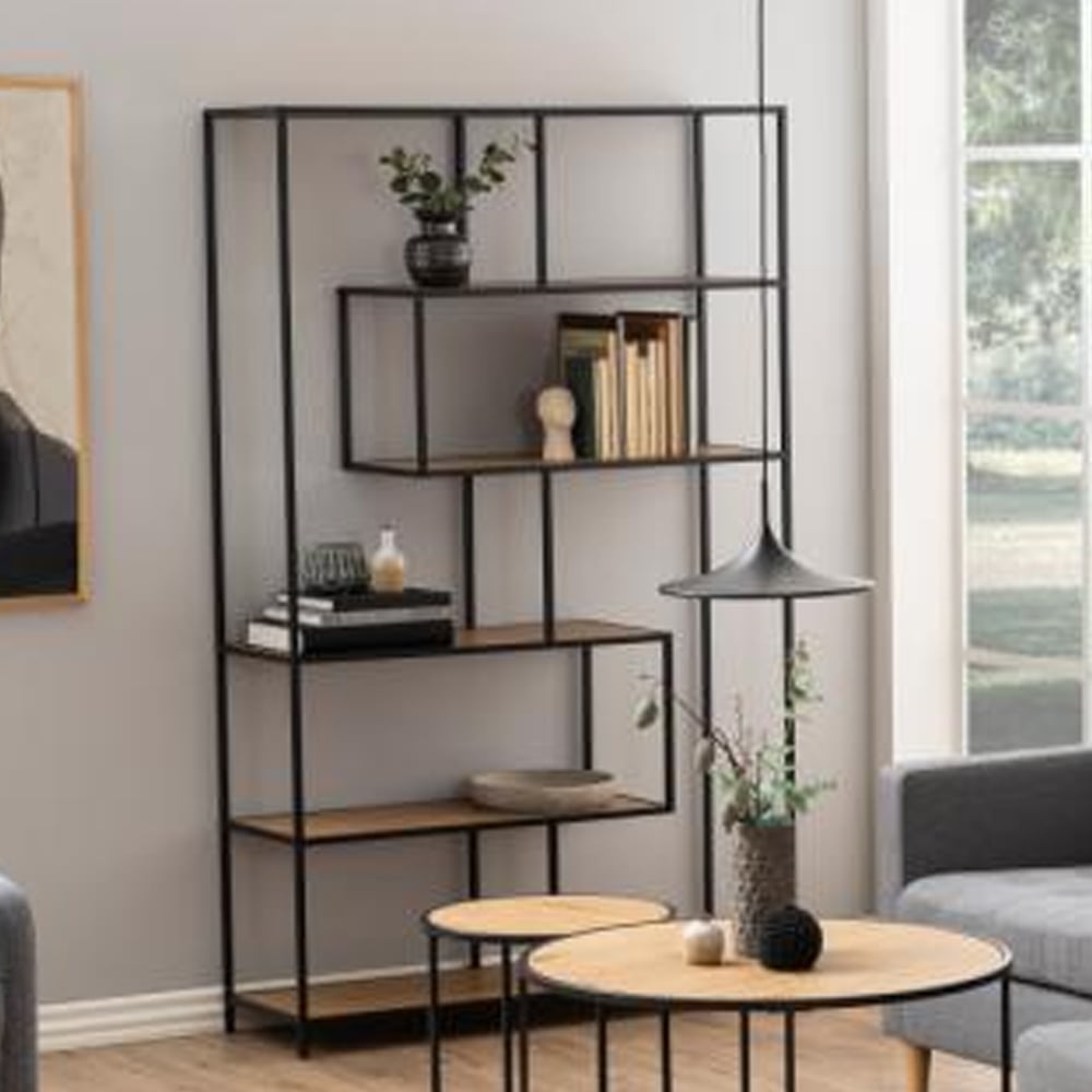Salvo Wide Wooden Bookcase With 5 Shelves In Matt Wild Oak