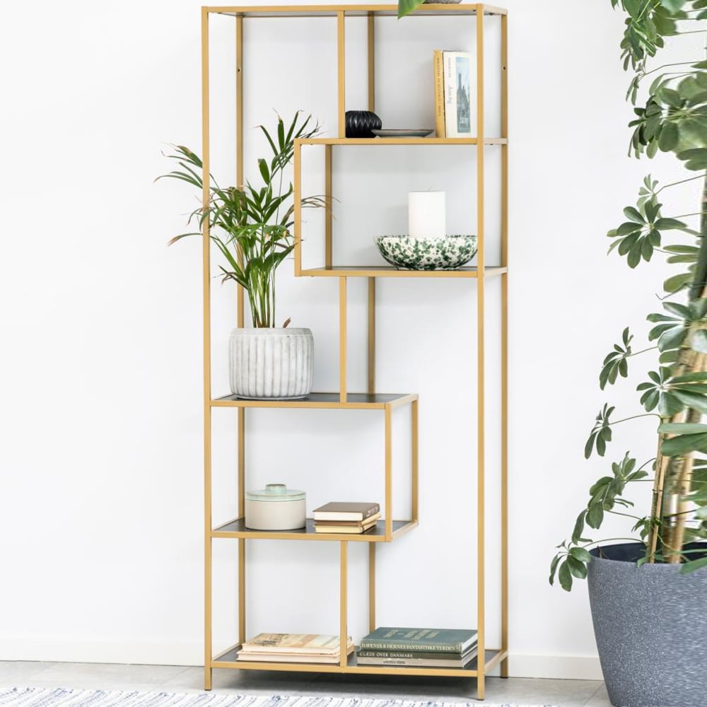 Salvo Wooden Bookcase With 5 Shelves And Gold Frame In Ash Black