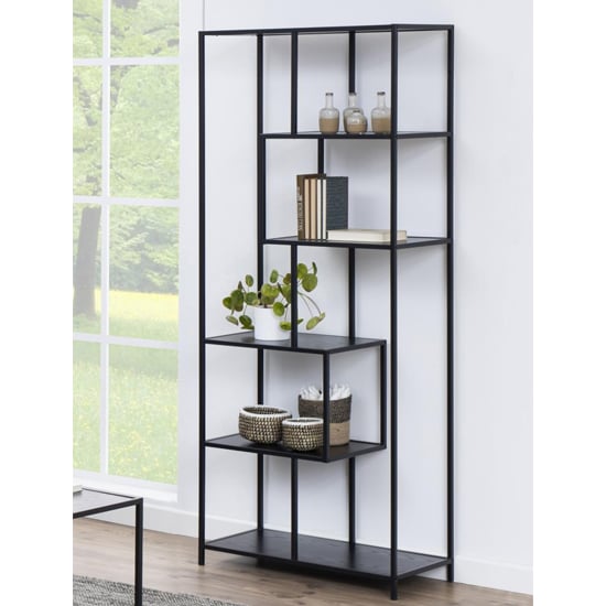 Salvo Wooden Bookcase Tall With 5 Shelves In Ash Black