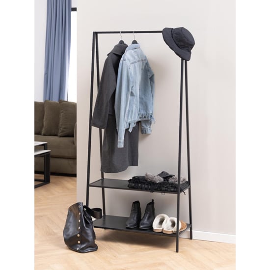 Salvo Wooden Clothes Rack With 2 Shelves In Ash Black_5