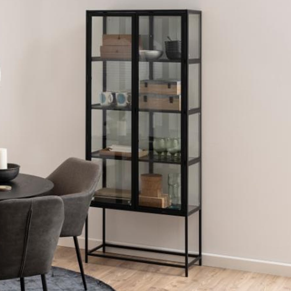 Salvo Wooden Display Cabinet With 2 Doors 4 Shelves In Ash Black