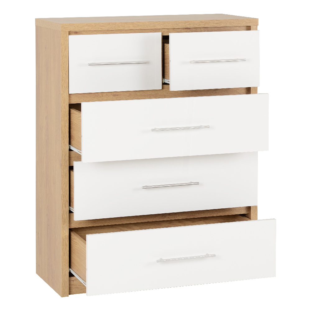 Samaira High Gloss Chest Of 5 Drawers In White And Light Oak