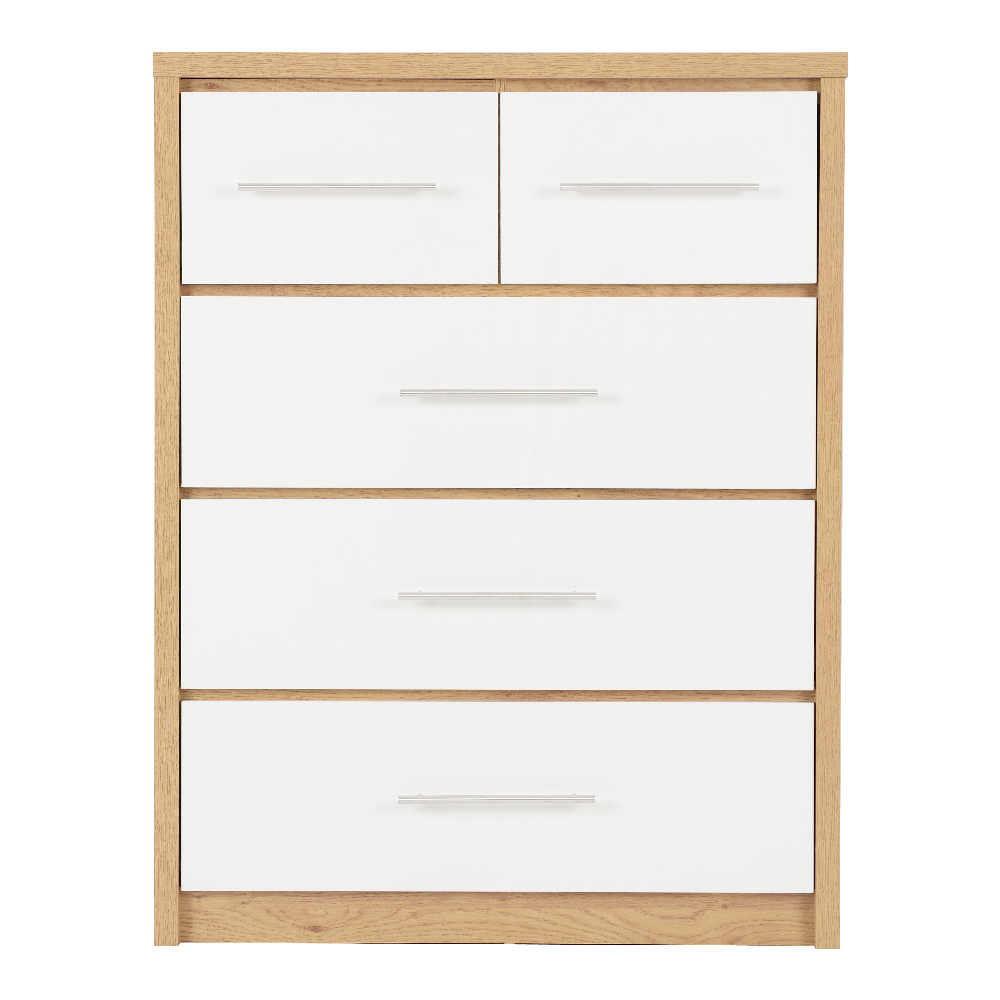 Samaira High Gloss Chest Of 5 Drawers In White And Light Oak