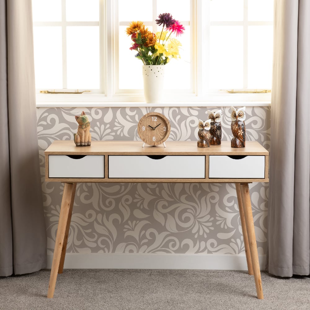 Read more about Samaira light oak wooden console table with white gloss drawers