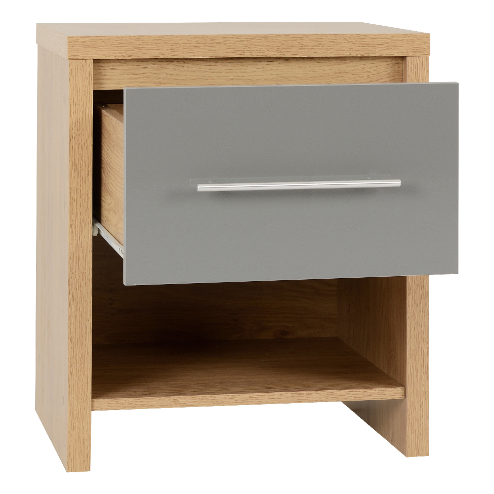 Samaira Oak Wooden Bedside Cabinet With Grey Gloss Drawer