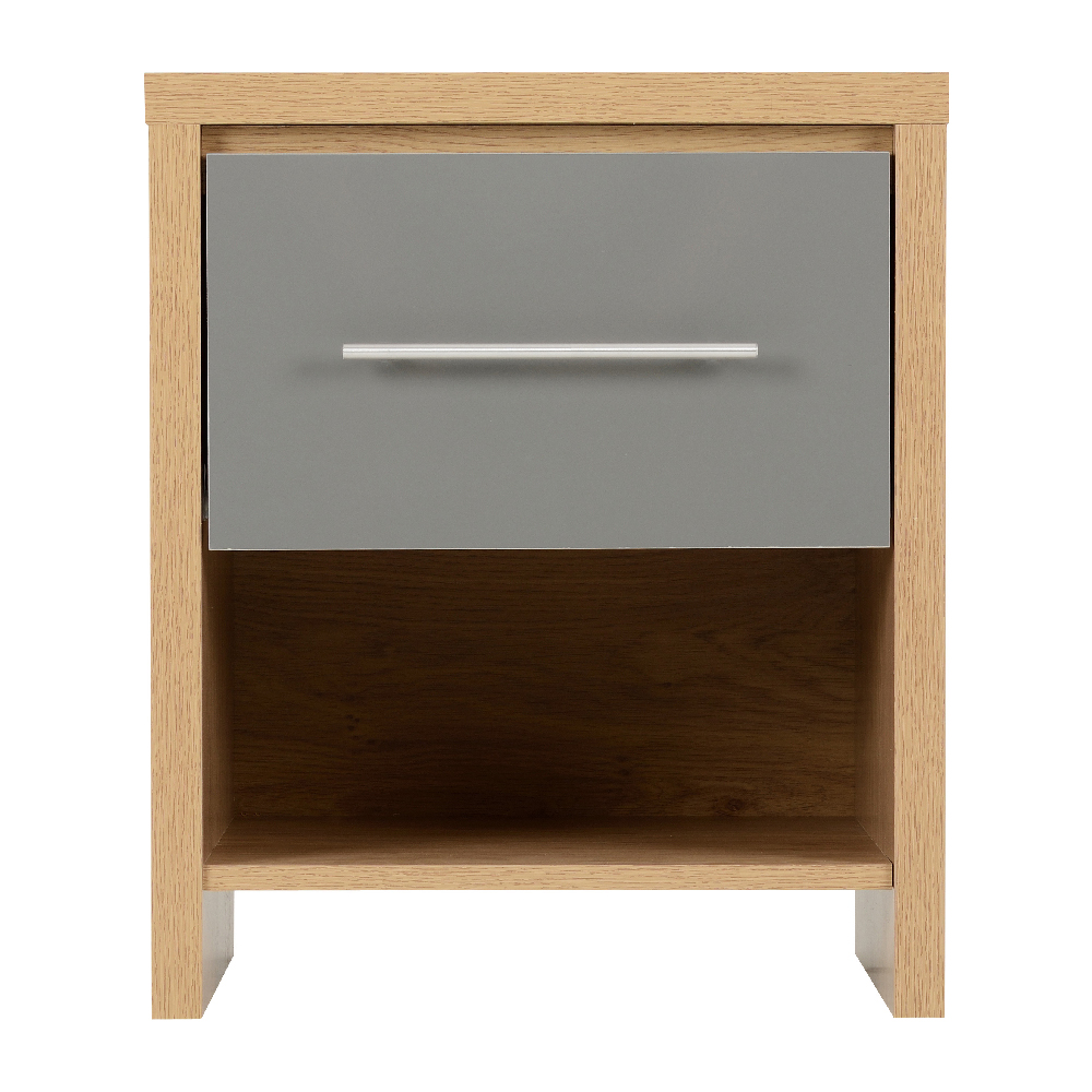 Samaira Oak Wooden Bedside Cabinet With Grey Gloss Drawer