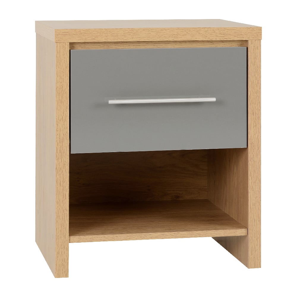 Read more about Samaira oak wooden bedside cabinet with grey gloss drawer
