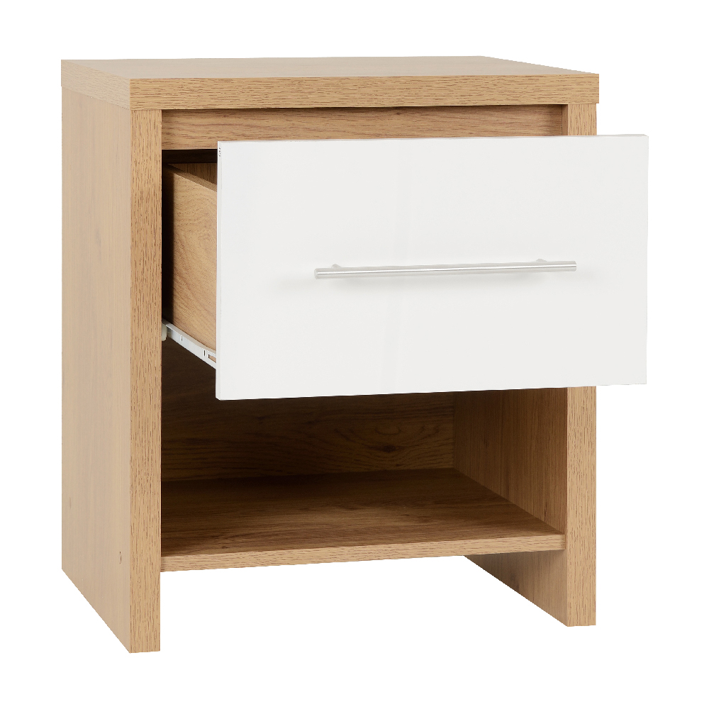 Samaira Oak Wooden Bedside Cabinet With White Gloss Drawer