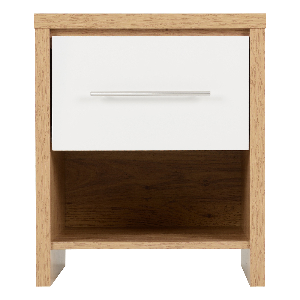 Samaira Oak Wooden Bedside Cabinet With White Gloss Drawer