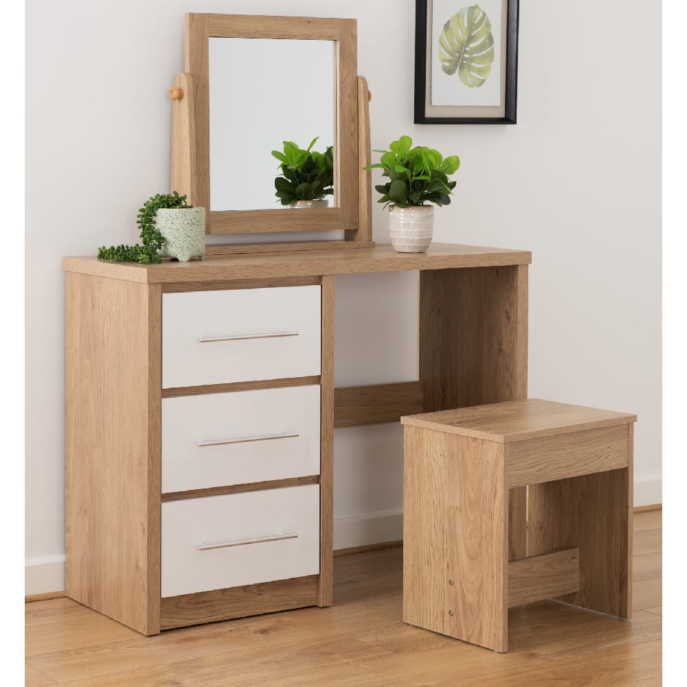 Read more about Samaira oak wooden dressing table set with 3 white gloss drawers