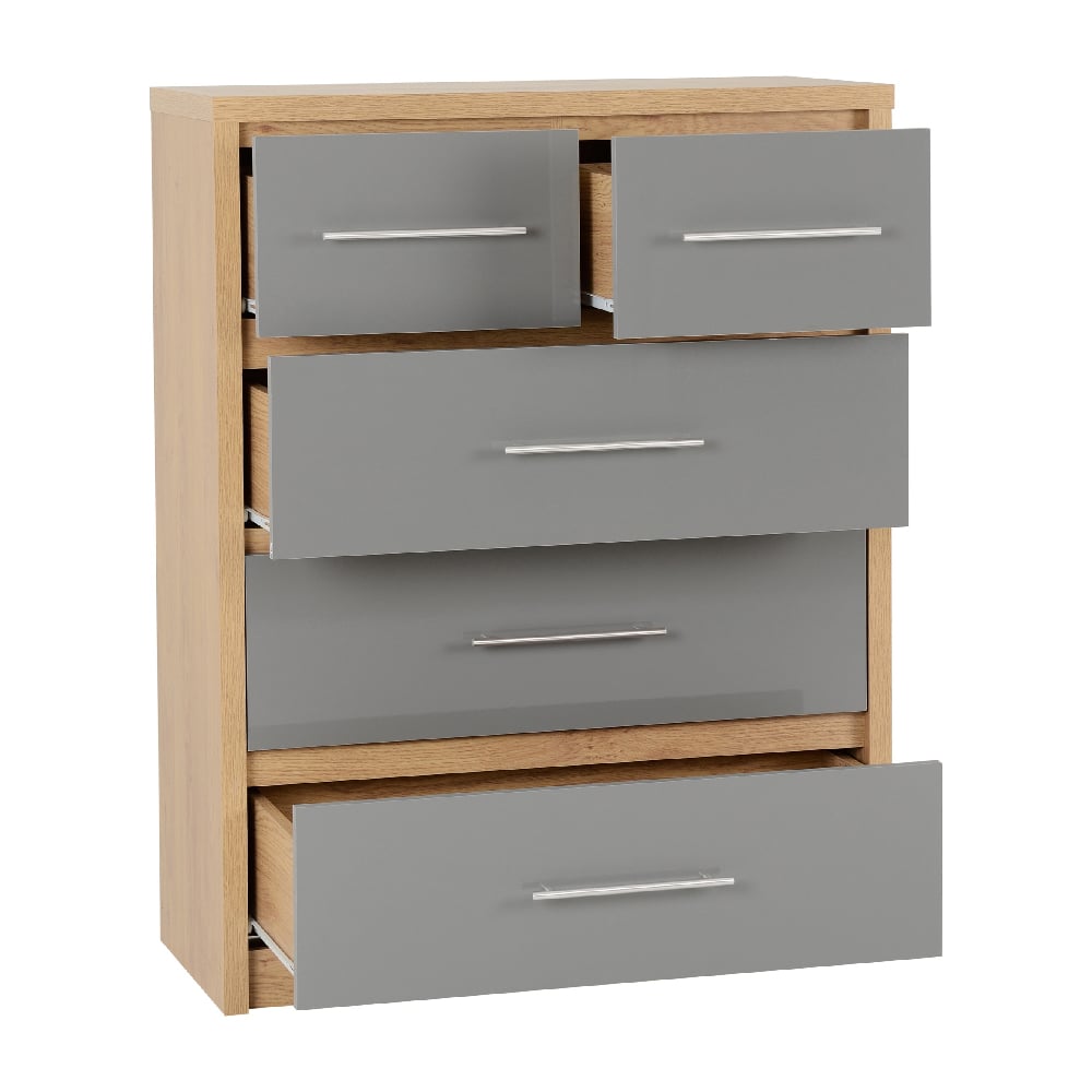 Samaira Wooden Chest Of 5 Drawers With Grey Gloss Front In Oak