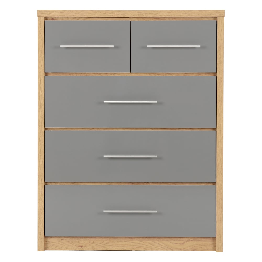 Samaira Wooden Chest Of 5 Drawers With Grey Gloss Front In Oak