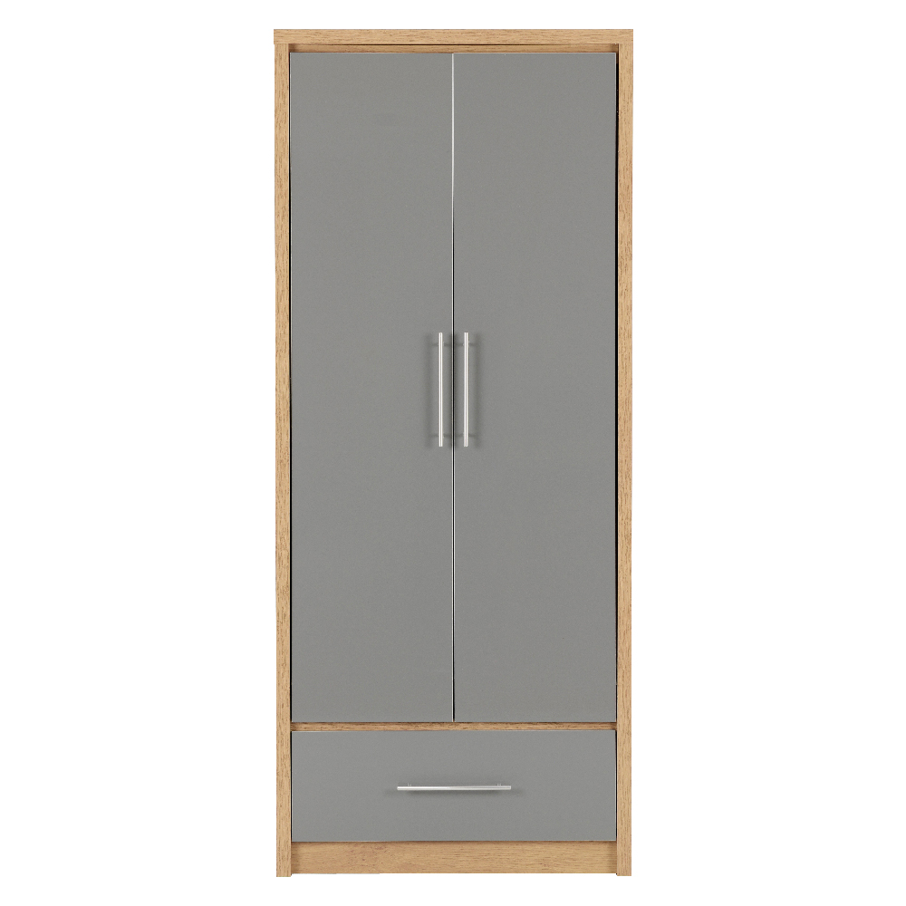 Samaira Wooden Wardrobe With 2 Door And Grey Gloss Front In Oak