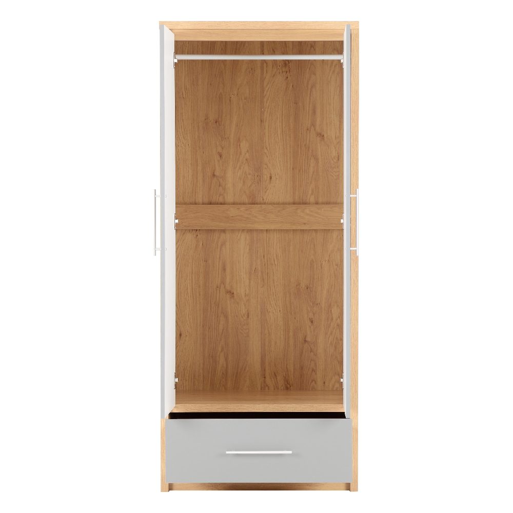 Samaira Wooden Wardrobe With 2 Door And Grey Gloss Front In Oak