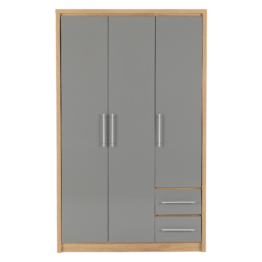 Samaira Wooden Wardrobe With 3 Door And Grey Gloss Front In Oak