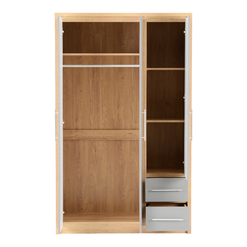 Samaira Wooden Wardrobe With 3 Door And Grey Gloss Front In Oak