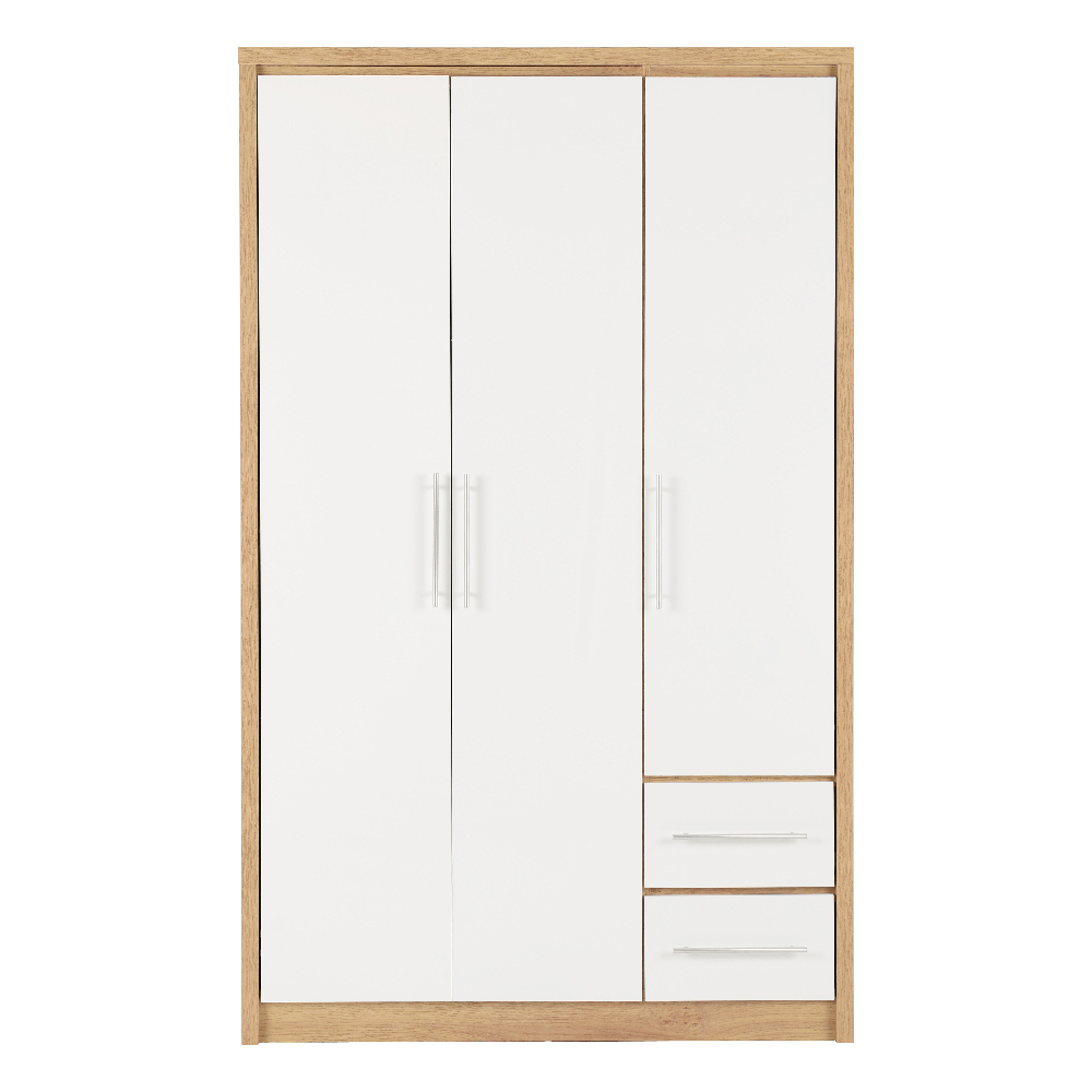 Samaira Wooden Wardrobe With 3 Door And White Gloss Front In Oak