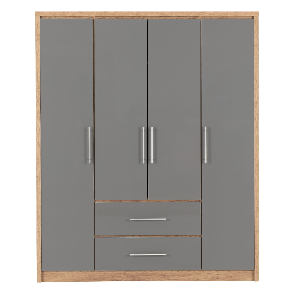 Samaira Wooden Wardrobe With 4 Door And Grey Gloss Front In Oak