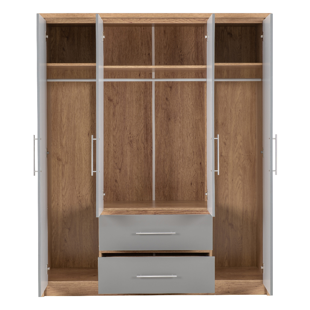Samaira Wooden Wardrobe With 4 Door And Grey Gloss Front In Oak