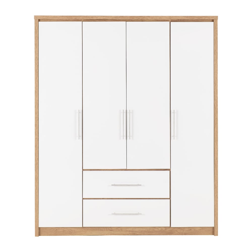 Samaira Wooden Wardrobe With 4 Door And White Gloss Front In Oak