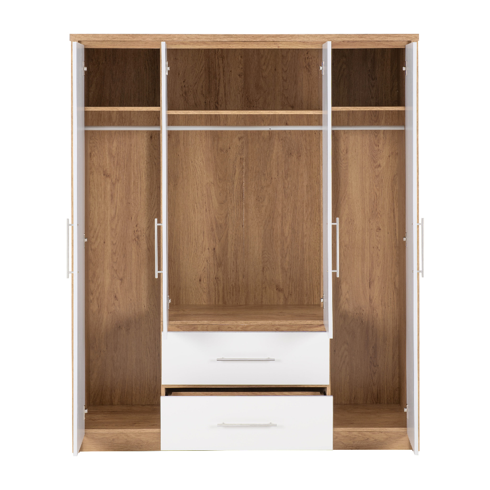 Samaira Wooden Wardrobe With 4 Door And White Gloss Front In Oak