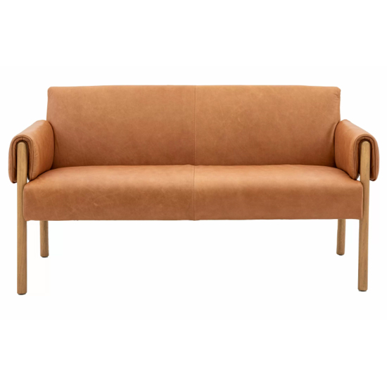 Samana Leather 2 Seater Sofa In Brown With Wooden Legs