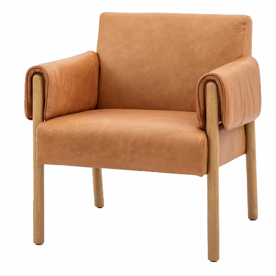 Samana Leather Armchair With Wooden Legs In Brown
