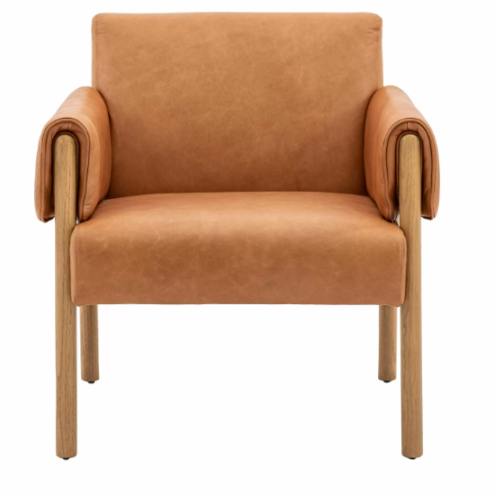 Samana Leather Armchair With Wooden Legs In Brown