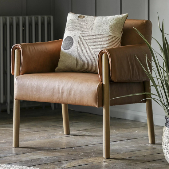 Samana Leather Armchair In Brown With Wooden Legs