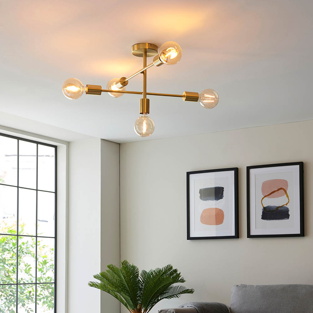 Samson 5 Light Metal Semi Flush Ceiling Light In Satin Brass