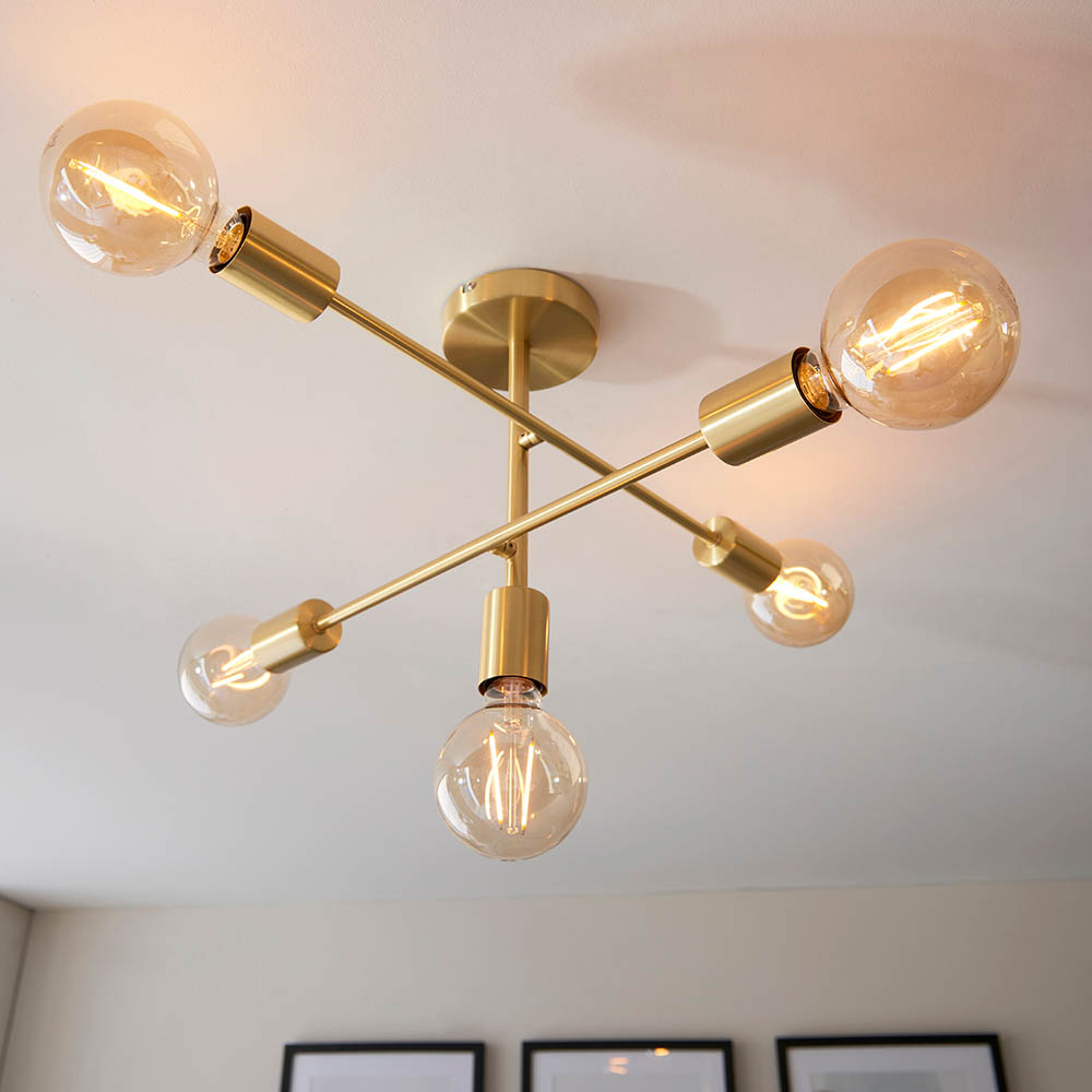 Samson 5 Light Metal Semi Flush Ceiling Light In Satin Brass
