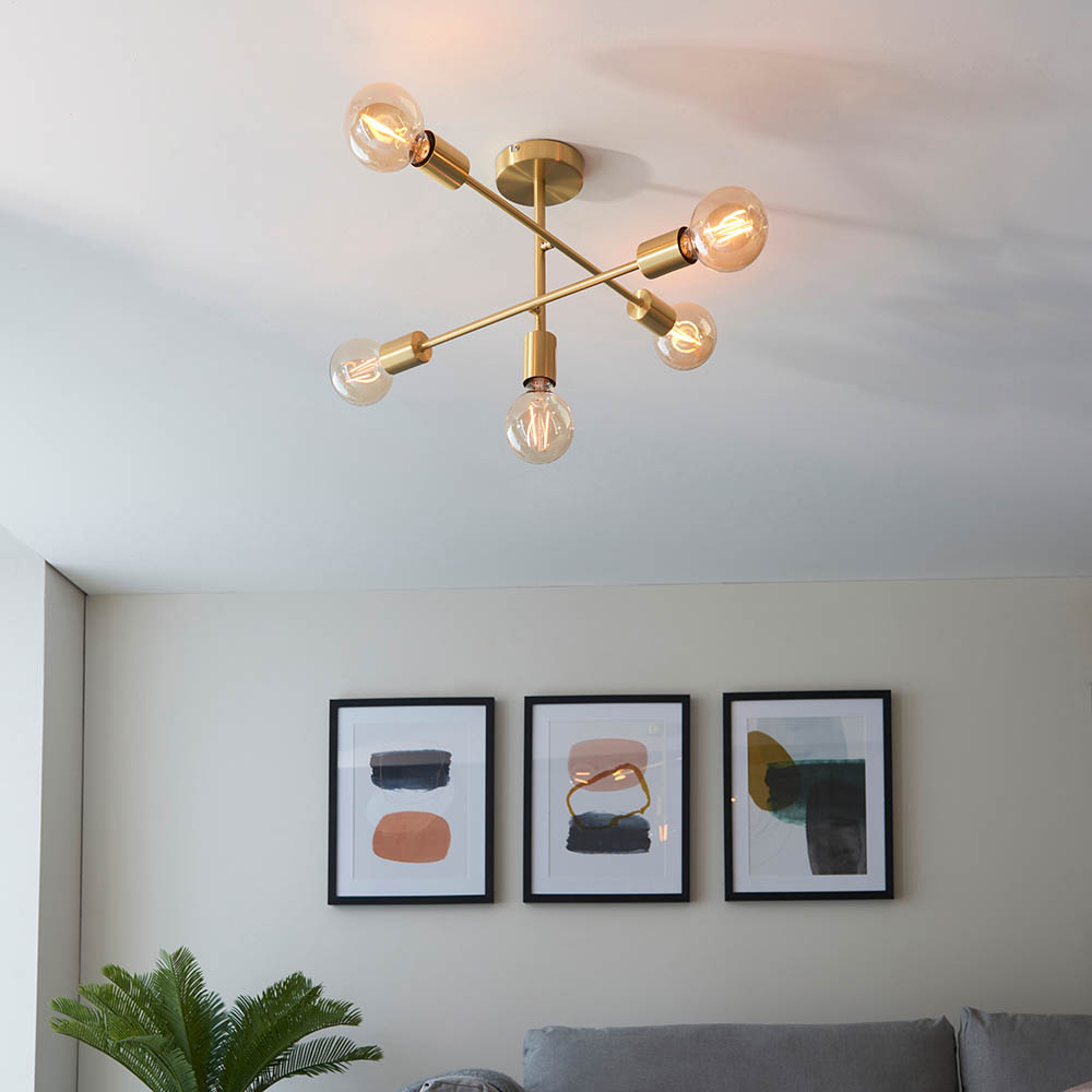 Samson 5 Light Metal Semi Flush Ceiling Light In Satin Brass