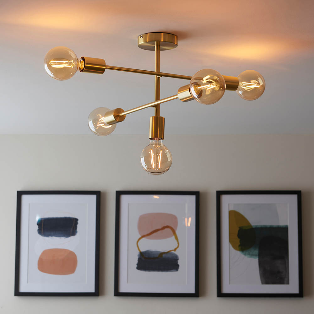 Samson 5 Light Metal Semi Flush Ceiling Light In Satin Brass