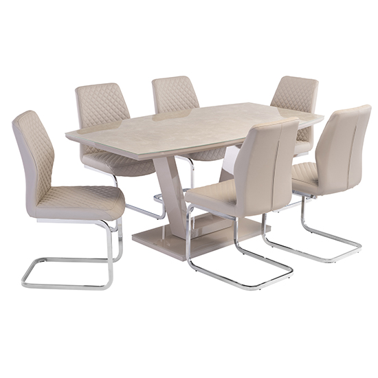 View Samson latte gloss dining table with 6 capri stone chairs