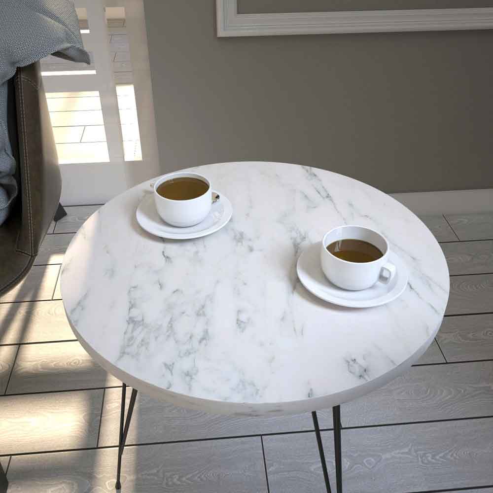 Sandalf Wooden Side Table with Black Metal Legs in White Marble Effect