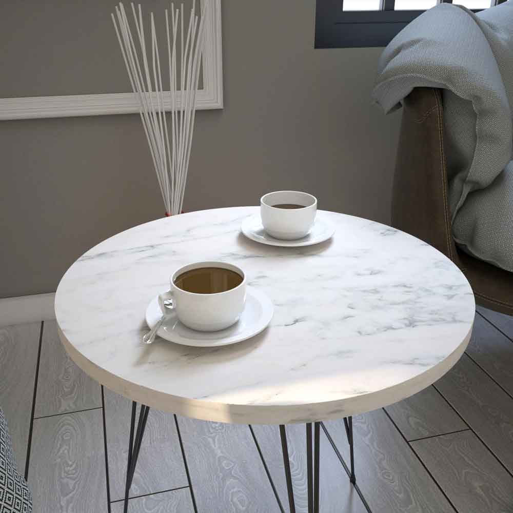Sandalf Wooden Side Table with Black Metal Legs in White Marble Effect