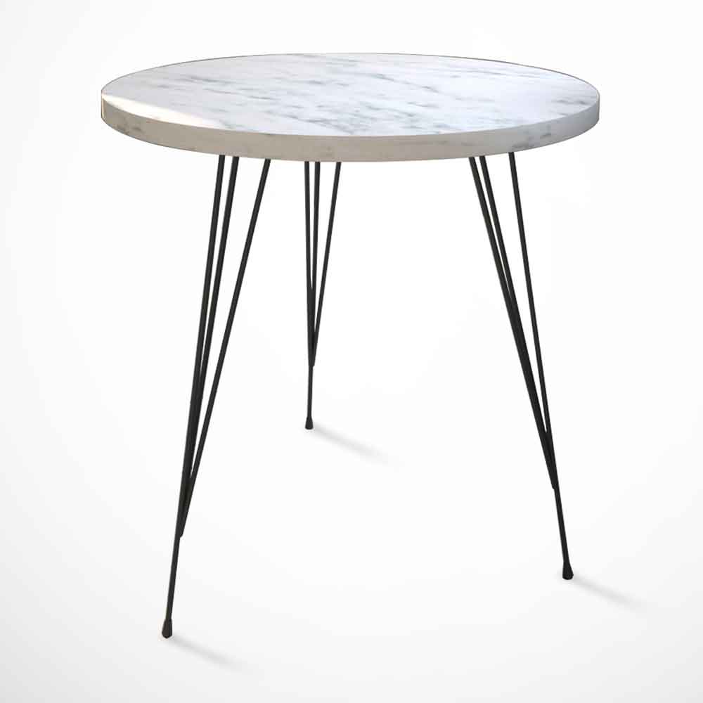 Sandalf Wooden Side Table with Black Metal Legs in White Marble Effect