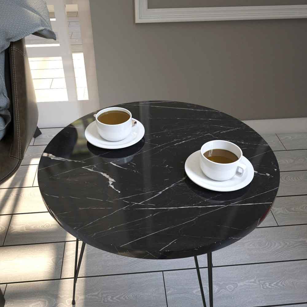 Sandalf Wooden Side Table with Metal Legs in Black Marble Effect