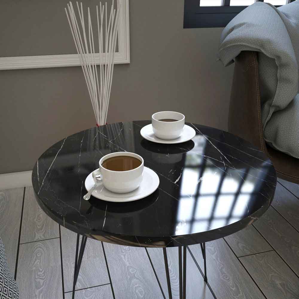 Sandalf Wooden Side Table with Metal Legs in Black Marble Effect