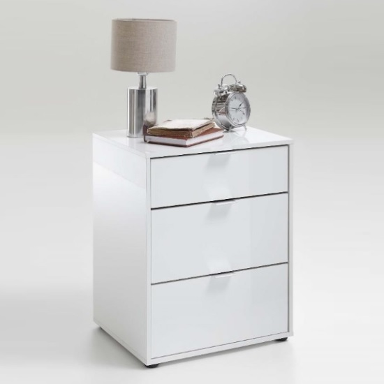 Sander Modern Bedside Cabinet In White High Gloss With 3 Drawers