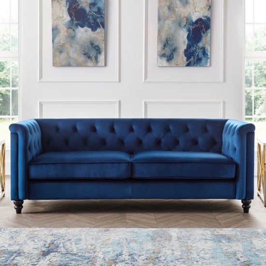 Product photograph of Sadaf Velvet 3 Seater Sofa In Blue from Furniture in Fashion