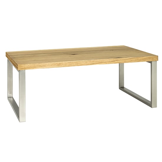 Product photograph of Sandusky Wooden Coffee Table In Oak With Stainless Steel Legs from Furniture in Fashion
