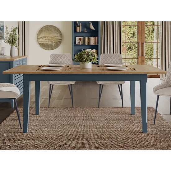 Product photograph of Sanford Extending Wooden Dining Table In Blue And Oak from Furniture in Fashion