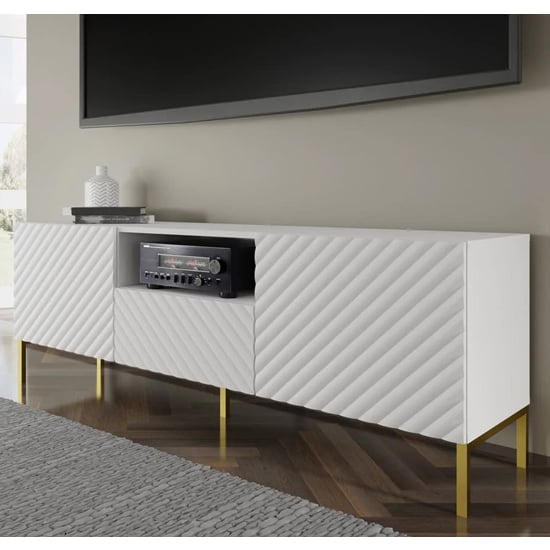 Product photograph of Sanford Wooden Tv Stand With 2 Doors 1 Drawer In White from Furniture in Fashion