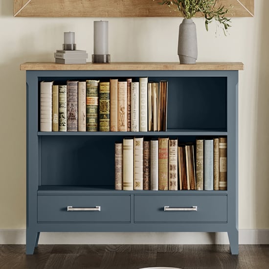 Sanford Wooden Bookcase With 2 Drawers In Blue