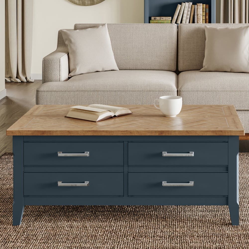 Sanford Wooden Coffee Table With 4 Drawers In Blue And Oak