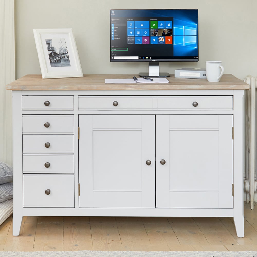 Sanford Wooden Computer Desk With 2 Doors In Grey And Oak