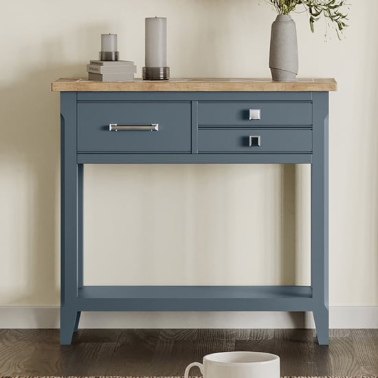 Sanford Wooden Console Table With 3 Drawers In Blue